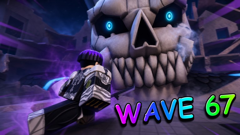 Giant skull boss looming over a fighter at Wave 67