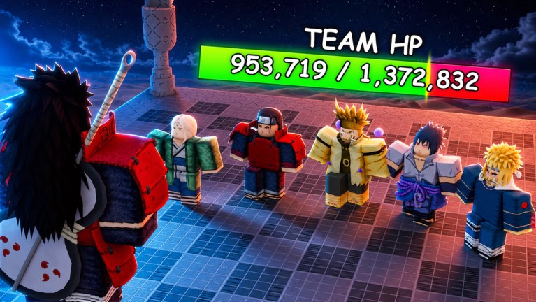 A full Naruto-era team defending with a million-plus team HP bar