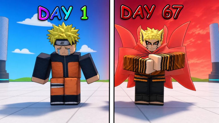 Naruto on day 1 versus his evolved Baryon form on day 67